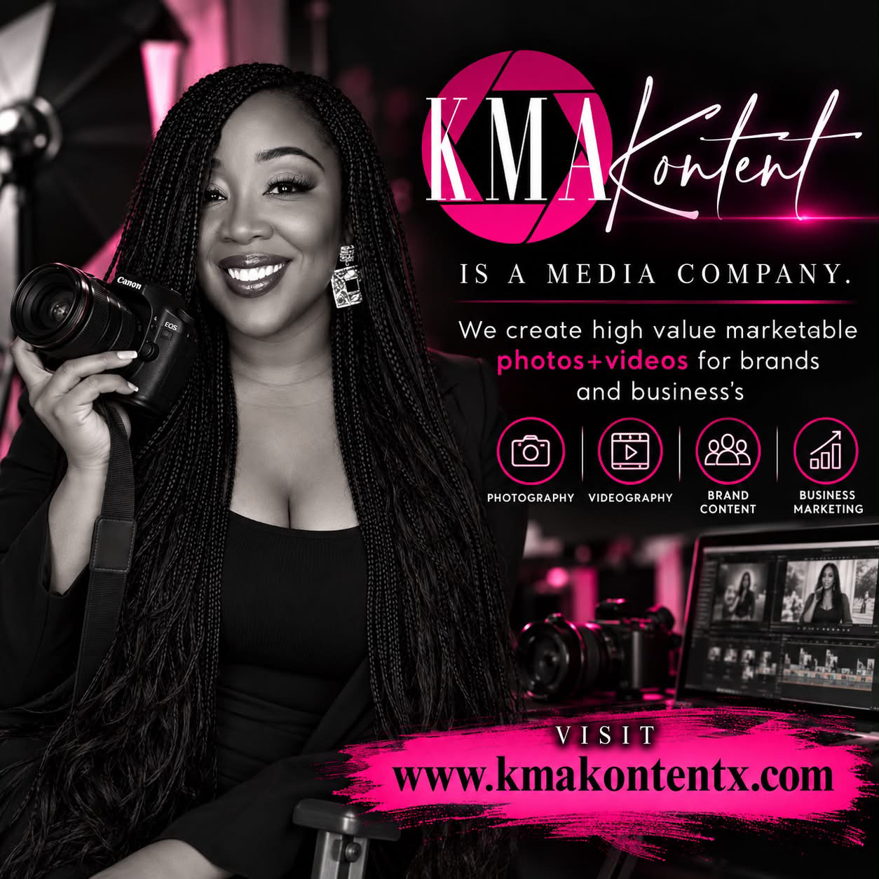 KMA Kontent media company advertisement featuring a photographer holding a Canon camera, promoting photography, videography, brand content, and business marketing services.