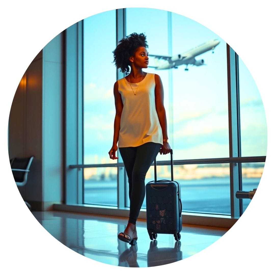 Woman walking thru airport with luggage.