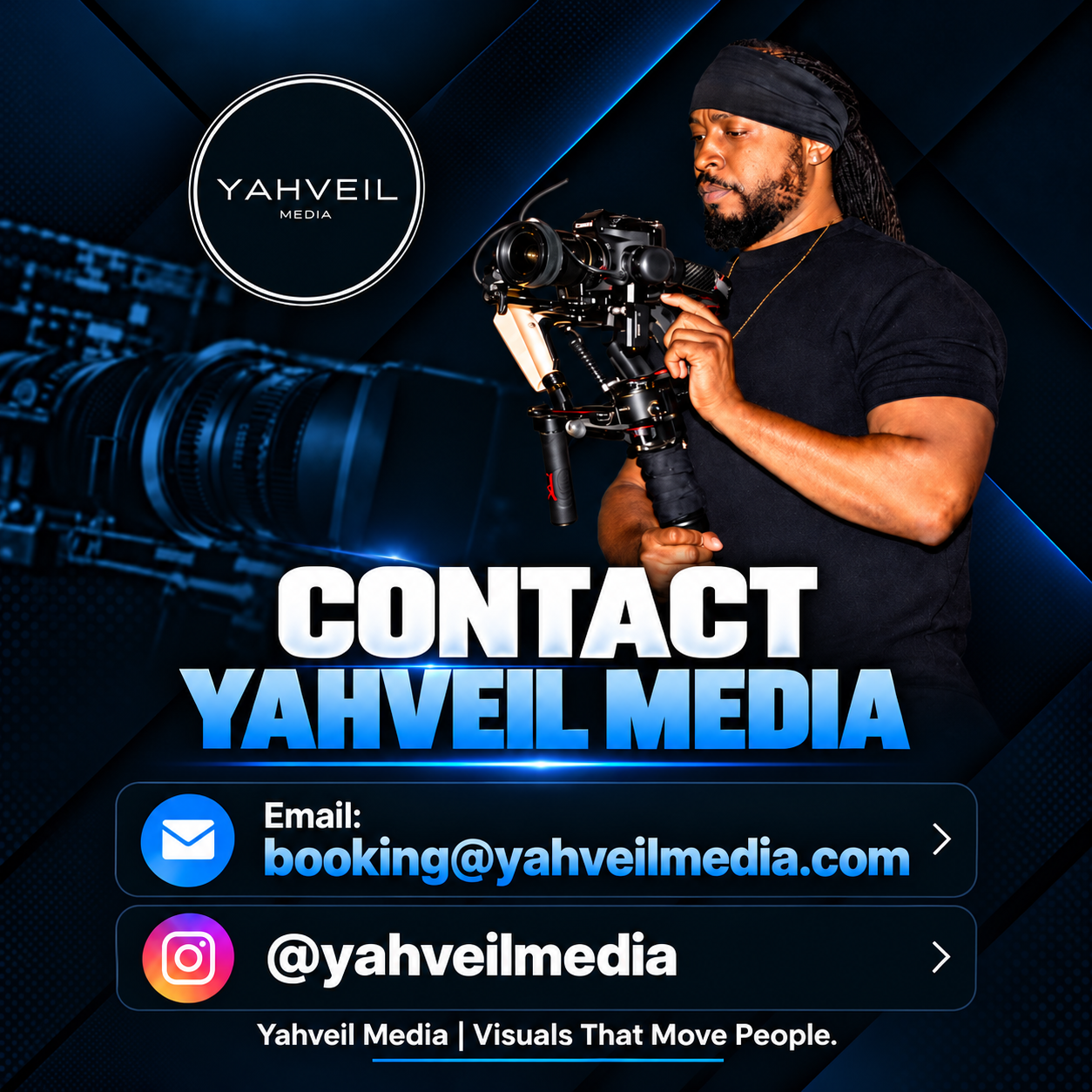 Yahveil Media videographer holding a professional camera with booking email and Instagram contact information